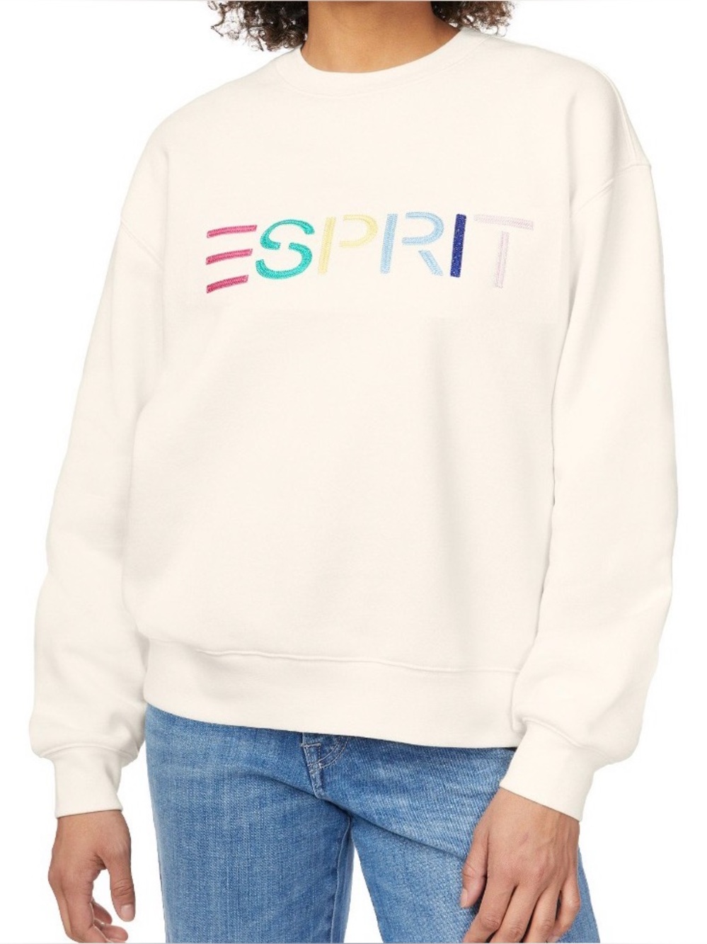 Esprit Women's Logo Fleece Crewneck Sweatshirt Cream Retro 80s Size XL NWT